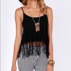 Black Fringe Open-Back Tank Top